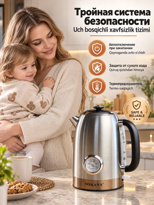 SOKANY SK-1031 elektr choynak, 1,7 l, 2200 Vt, zanglamaydigan po'lat, termometr