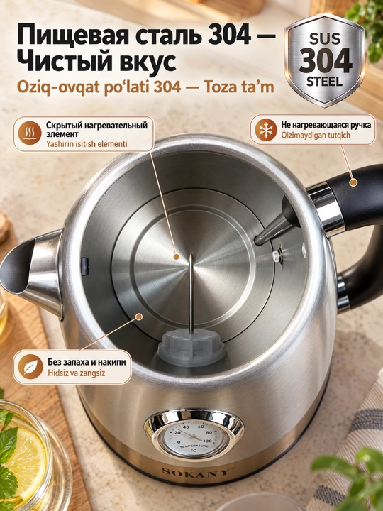 SOKANY SK-1031 elektr choynak, 1,7 l, 2200 Vt, zanglamaydigan po'lat, termometr