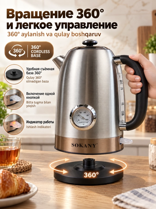SOKANY SK-1031 elektr choynak, 1,7 l, 2200 Vt, zanglamaydigan po'lat, termometr