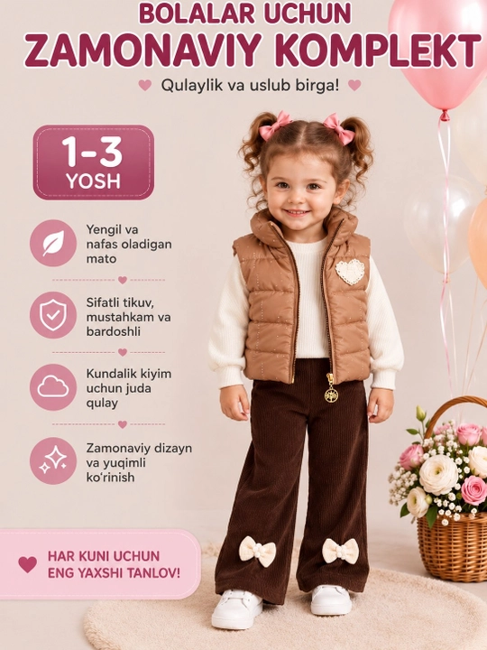 Красивый комплект одежды для девочки 1-3 лет – куртка, блузка и брюки - 