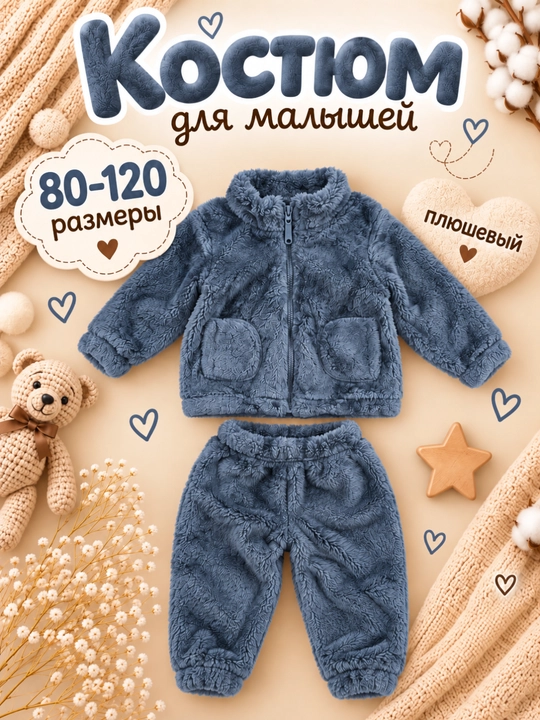 Тёплый плюшевый детский комплект–флисовый костюм для детей - 