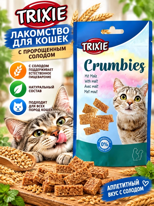 Лакомство для кошек TRIXIE Crumbies с солодом, хрустящие кусочки без добавления сахара - 