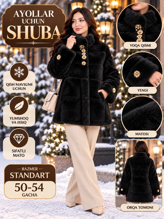 Ayollar uchun qishki sun’iy mo‘ynali shuba, issiq va yumshoq, razmer standart 50-54 gacha