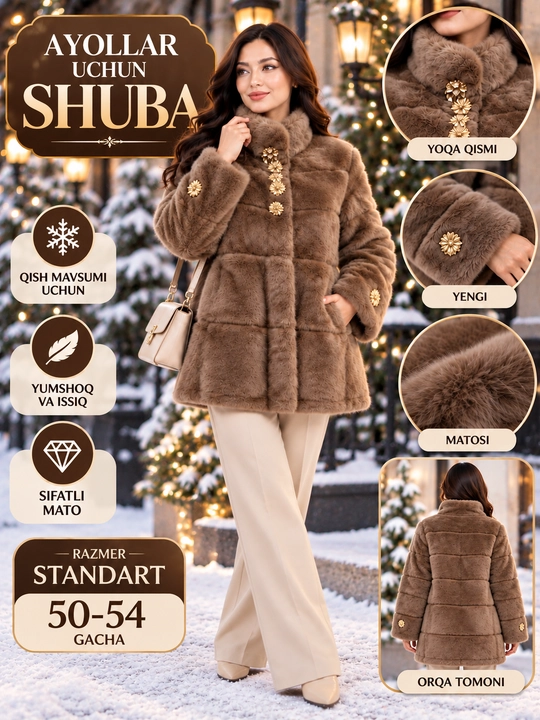 Ayollar uchun qishki sun’iy mo‘ynali shuba, issiq va yumshoq, razmer standart 50-54 gacha