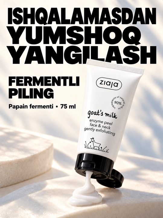 Yuz va bo‘yin uchun fermentli piling Ziaja echki sutli, abraziv zarrachalarsiz, 75 ml