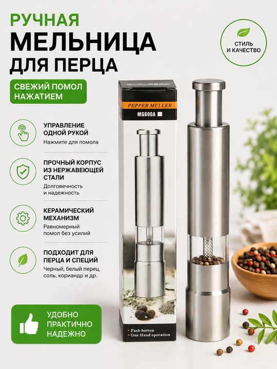 Мельница для перца и специй, нажимная, нержавеющая сталь - 