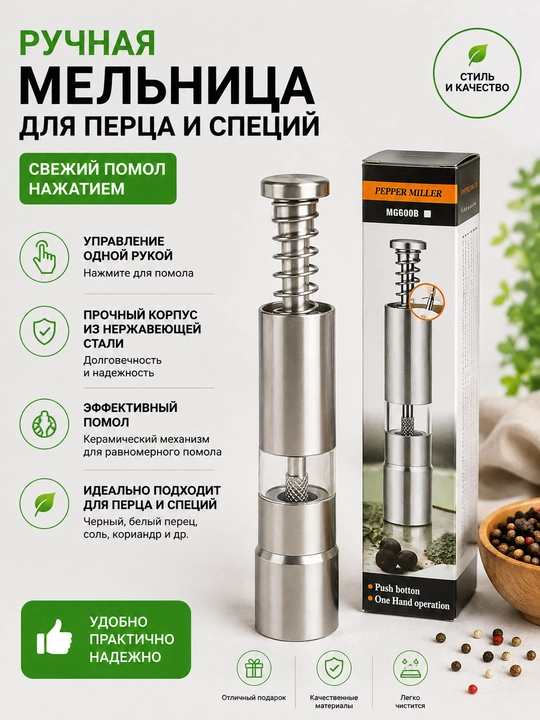 Мельница для перца и специй, нажимная, нержавеющая сталь - 