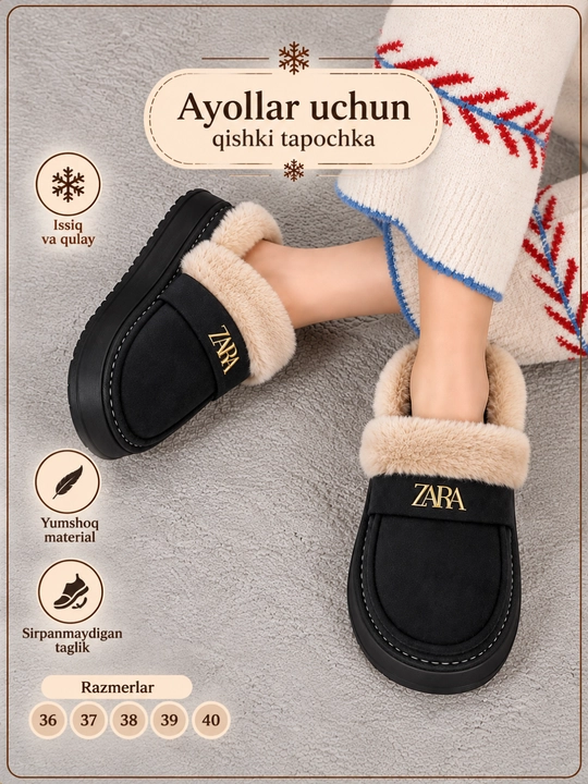 Uy va ko‘cha uchun ayollar shippaklari, qishki mo'ynali issiqina 36-40 o‘lchamlarda - 