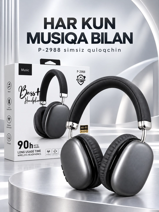 P-2988 simsiz naushnik, Hi-Fi stereo, yig‘iladigan, 90 soatgacha ishlash - 