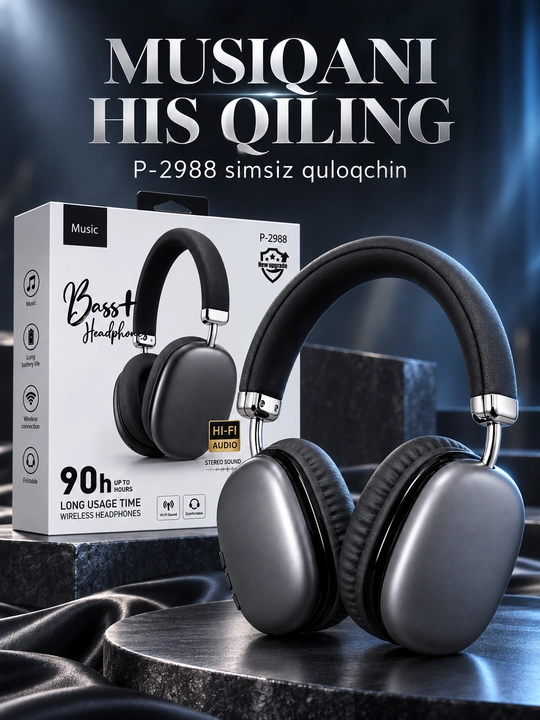 P-2988 simsiz naushnik, Hi-Fi stereo, yig‘iladigan, 90 soatgacha ishlash
