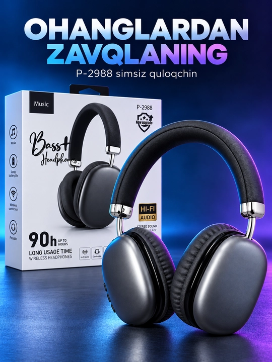 P-2988 simsiz naushnik, Hi-Fi stereo, yig‘iladigan, 90 soatgacha ishlash