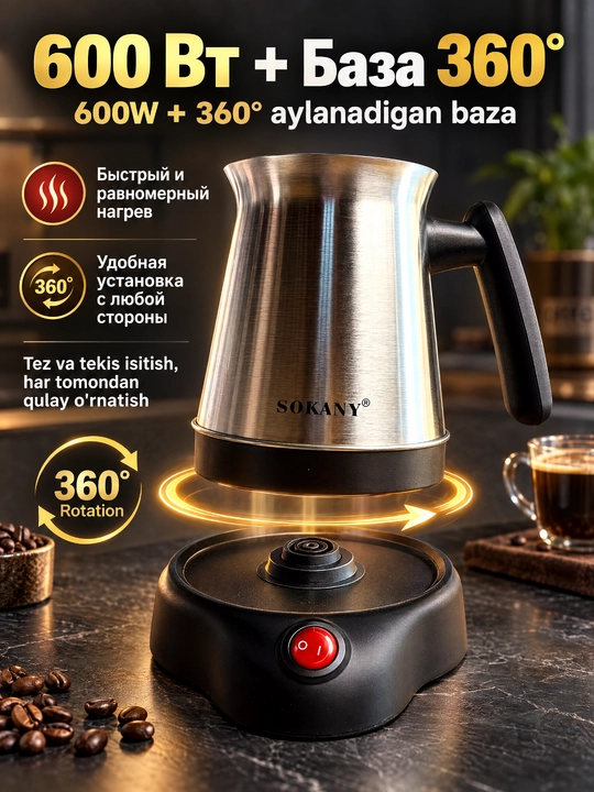Turk qahva qaynatgichi SOKANY SK-09044, 800 ml, 600 Vt, zanglamaydigan po'lat