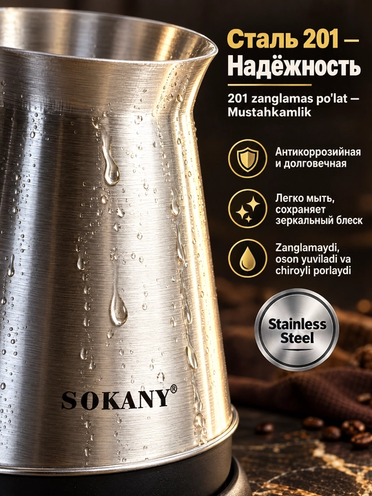 Turk qahva qaynatgichi SOKANY SK-09044, 800 ml, 600 Vt, zanglamaydigan po'lat