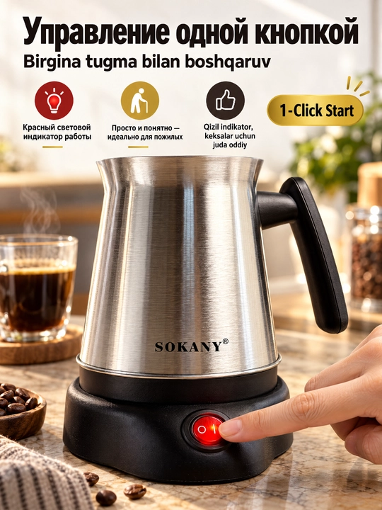 Turk qahva qaynatgichi SOKANY SK-09044, 800 ml, 600 Vt, zanglamaydigan po'lat