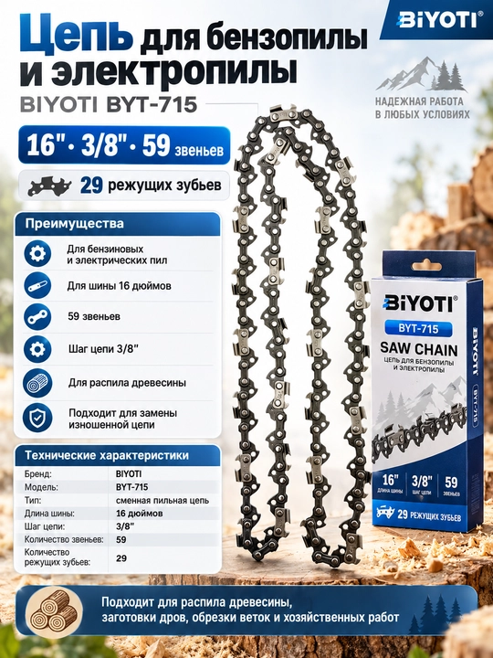 Цепь для бензопилы и электропилы BIYOTI BYT-715, 16", 59 звеньев, 29 зубьев - 