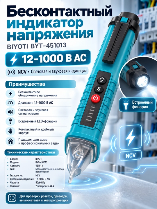 Индикатор напряжения BIYOTI BYT-451013, бесконтактный, 12–1000 В, с фонариком - 