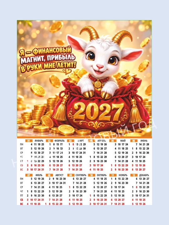 Календарь на холодильник магнитный, коза символ года 2027, размер А4 - 