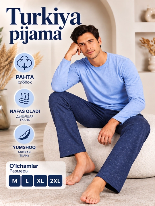 Erkaklar pijamasi, futbolka va shalvarli, pijama erkaklar uchun, Turkiya, paxta, M-2XL