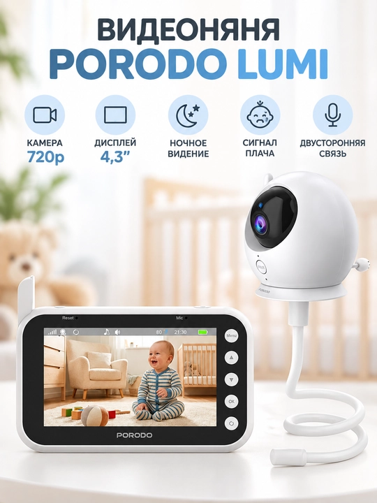 Видеоняня Porodo Lumi 48 PDLFSTM100WH, экран 4,3″, 720p - 