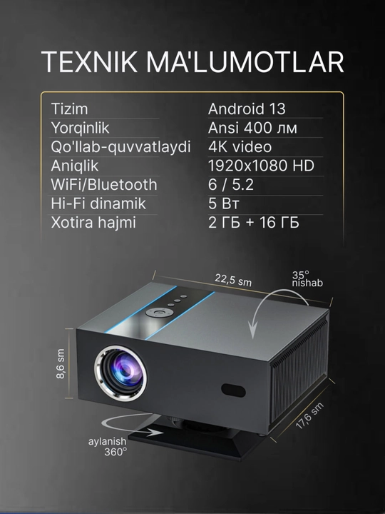 Домашний проектор со Smart TV и Wi-Fi, мини кинотеатр 4K Android, Xnano X6