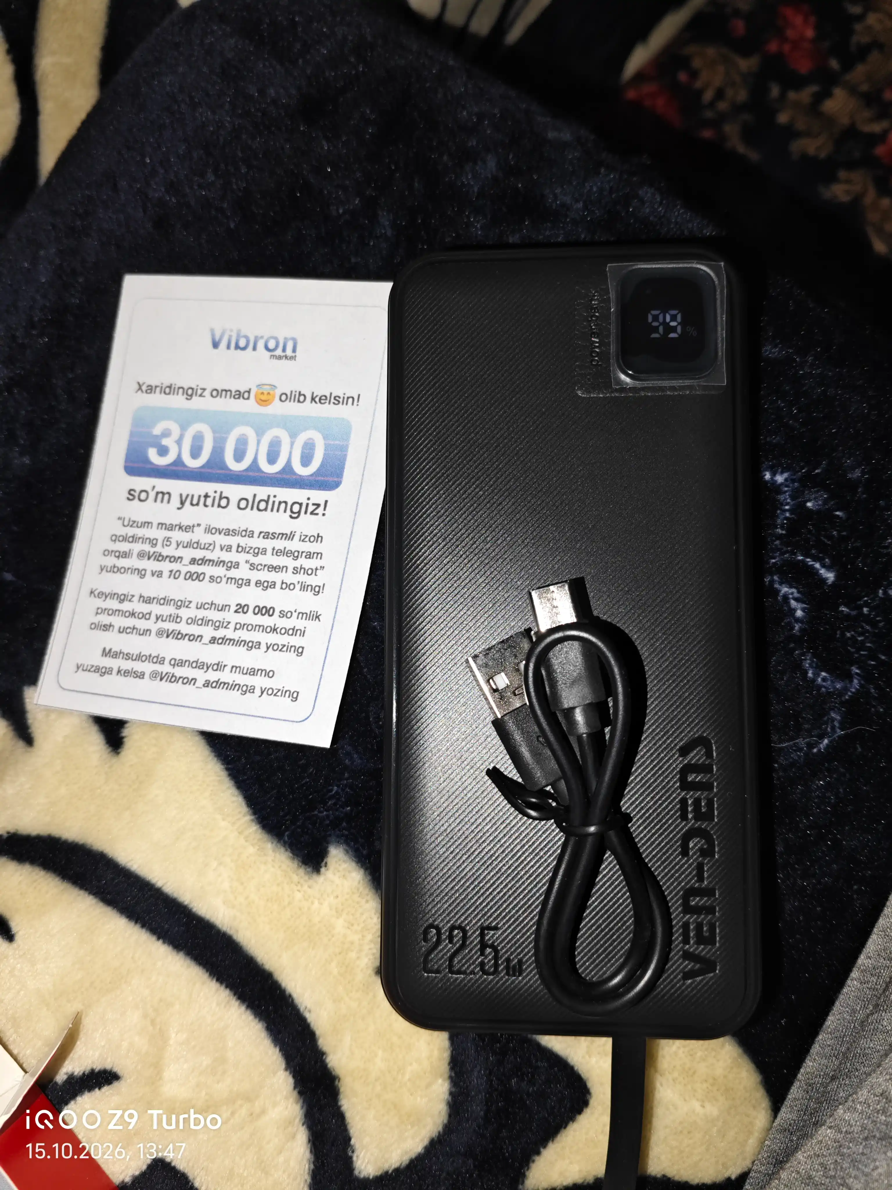 Power Bank 20000mA 22W tezkor quvvat bilan tashqi akkumulyatori +2 kabel bilan