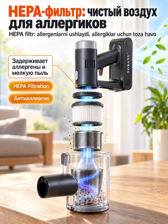 SOKANY SK-13042 simsiz vertikal changyutgich, 2200 Vt, olinadigan batareya, HEPA filtri