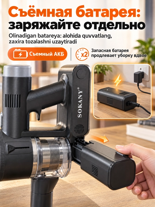 SOKANY SK-13042 simsiz vertikal changyutgich, 2200 Vt, olinadigan batareya, HEPA filtri