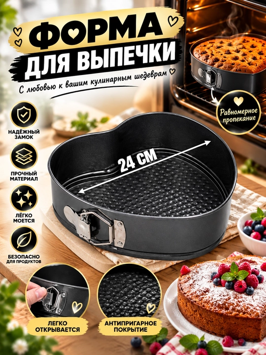 Набор разъёмных форм для выпечки — 3 шт. (сердце, круг, квадрат) - 