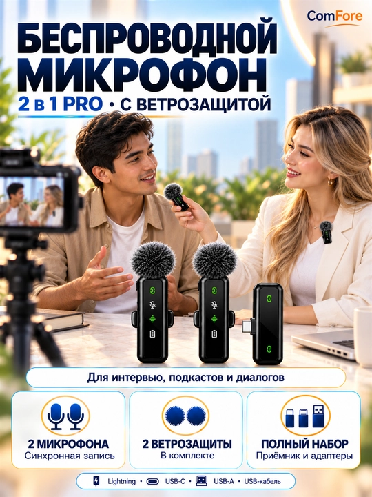Микрофон, беспроводной, петличка, микрофон для телефона, Android, iPhone, микрофон для пк - 