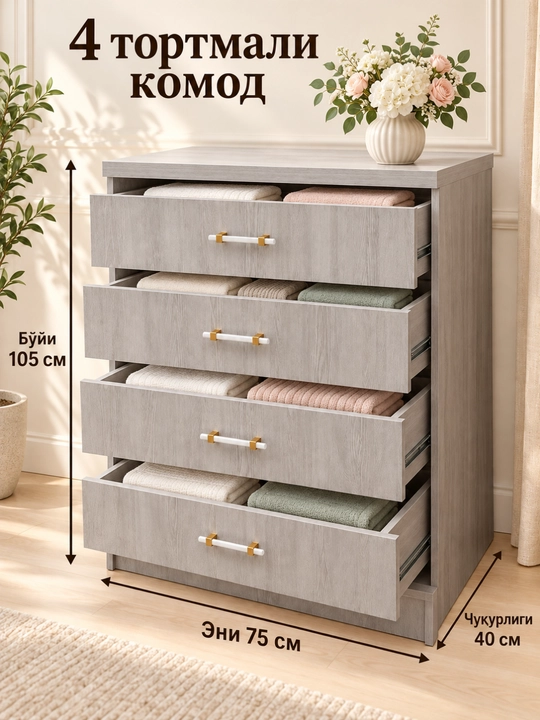 Комод с 4 выдвижными ящиками для хранения одежды и вещей, 105 × 75 см