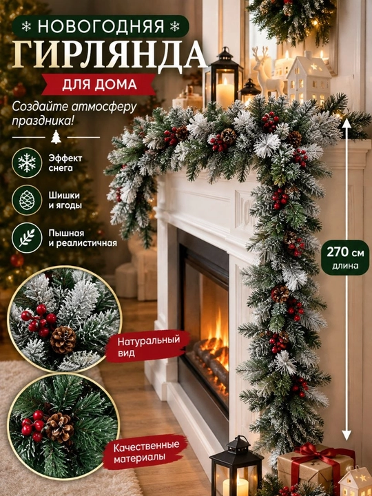 Праздничная гирлянда из еловых веток 270 см — с заснеженными кончиками, шишками и ягодами - 