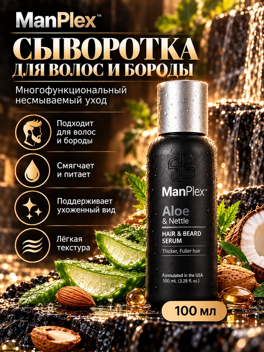 Мужская несмываемая сыворотка для волос и бороды ManPlex Aloe & Nettle, 100 мл - 