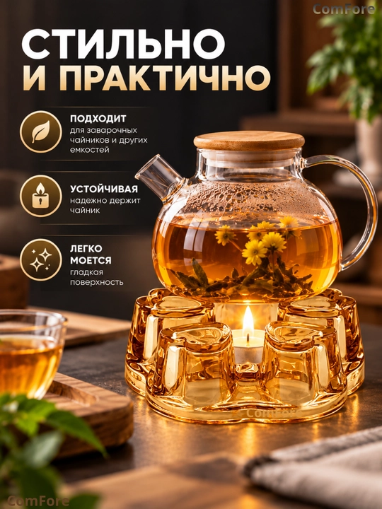 Подставка под чайник стеклянная, для подогрева чая