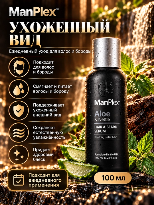 Erkaklar uchun yuvilmaydigan soch va soqol zardobi ManPlex Aloe & Nettle, 100 ml