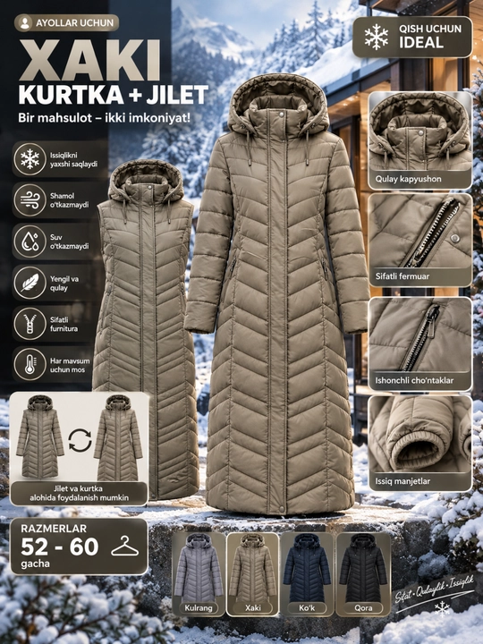 Qishki kurtka uzun kapyushonli - 