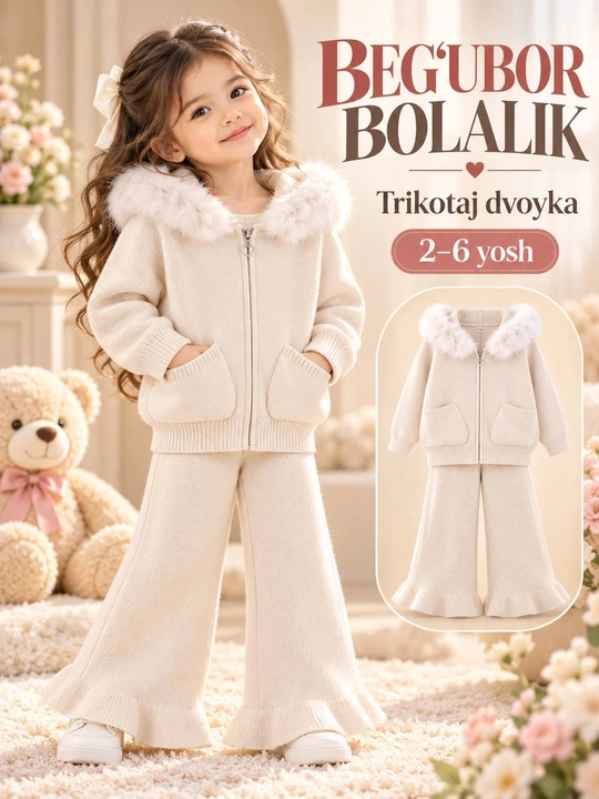 Вязаный костюм-двойка для девочки с меховым воротником, 2–6 лет - 