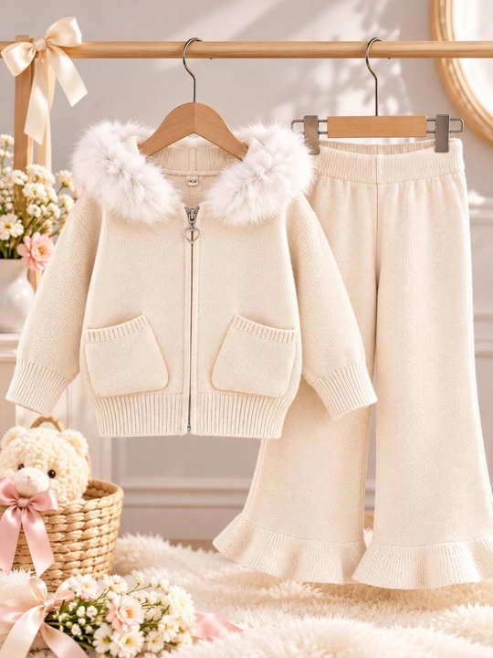 Вязаный костюм-двойка для девочки с меховым воротником, 2–6 лет