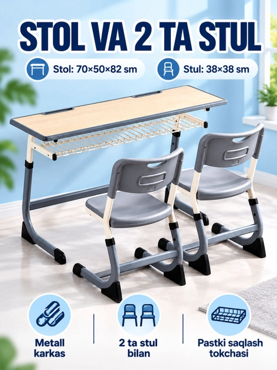 2 kishilik parta, 2 ta stul bilan o‘quv stoli, metall karkas, 120×45×82 sm - 