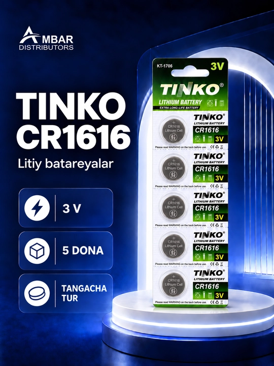 TINKO CR1616 litiy batareykalar, soat, pult va avtomobil kalitlari uchun, 3 V, 5 dona - 