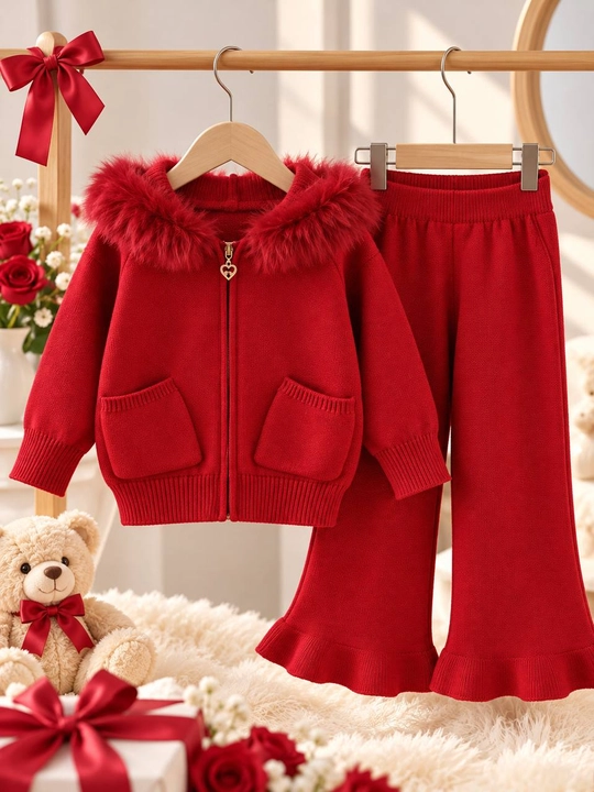 Вязаный костюм-двойка для девочки с меховым воротником, 2–6 лет