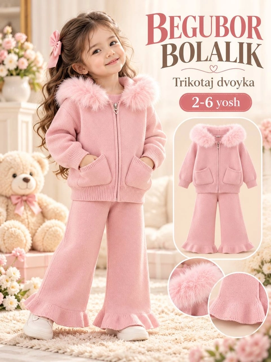 Вязаный костюм-двойка для девочки с меховым воротником, 2–6 лет
