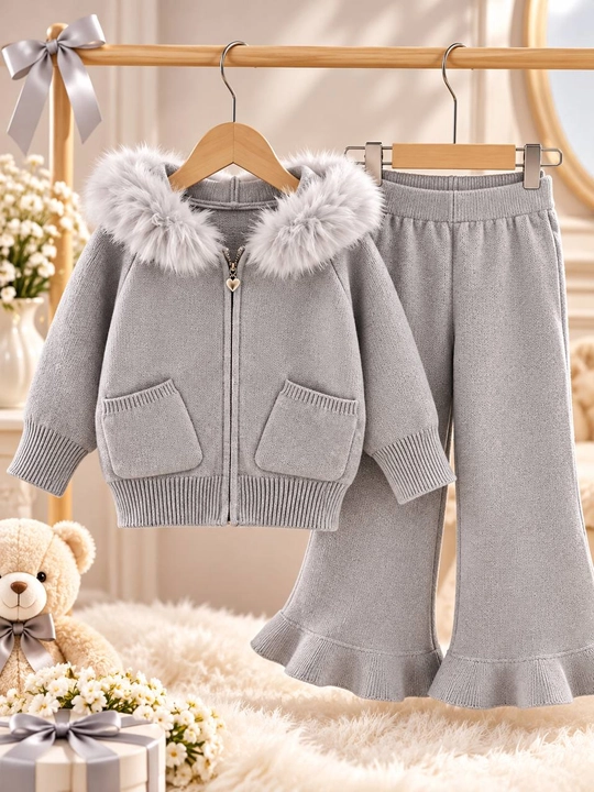 Вязаный костюм-двойка для девочки с меховым воротником, 2–6 лет