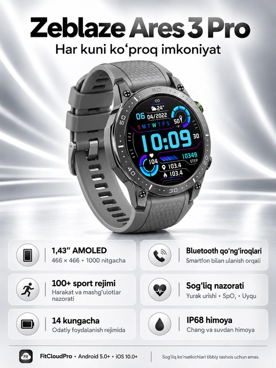 Zeblaze Ares 3 Pro aqlli soat, 1,43″ AMOLED, Bluetooth qo‘ng‘iroqlari, IP68