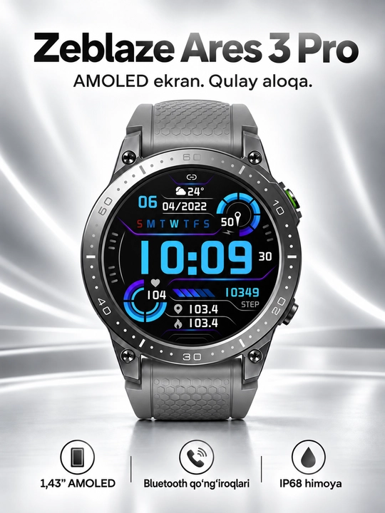 Zeblaze Ares 3 Pro aqlli soat, 1,43″ AMOLED, Bluetooth qo‘ng‘iroqlari, IP68