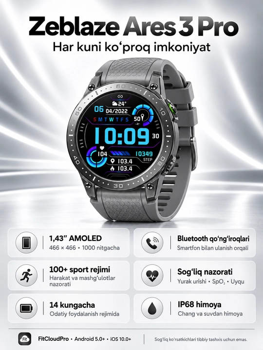 Zeblaze Ares 3 Pro aqlli soat, 1,43″ AMOLED, Bluetooth qo‘ng‘iroqlari, IP68