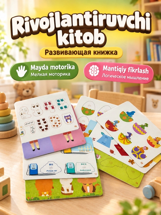 Книжка бизиборд развивающая игрушка для детей 3+, тактильный бизибук - 
