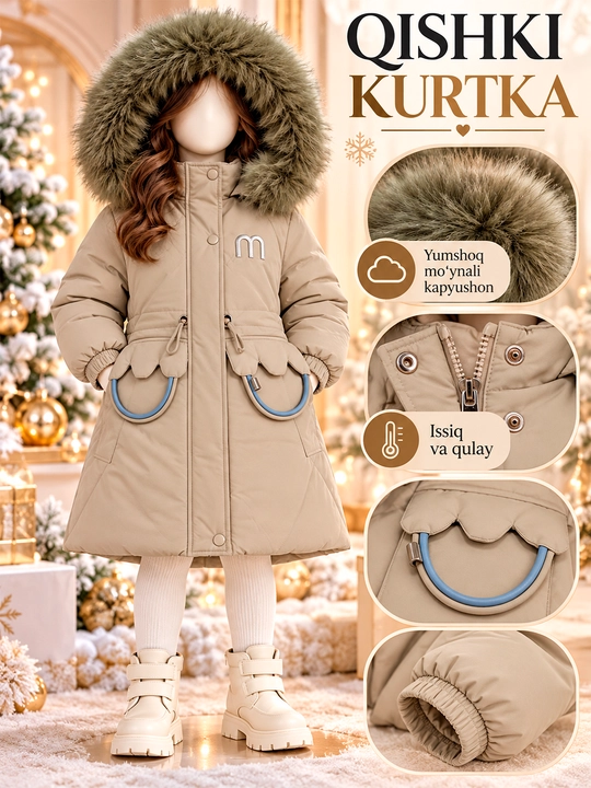 Зимняя куртка для девочек , с меховым капюшоном - 
