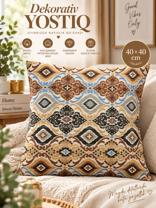 Milliy naqshli dekorativ divan yostig‘i, 40 × 40 sm