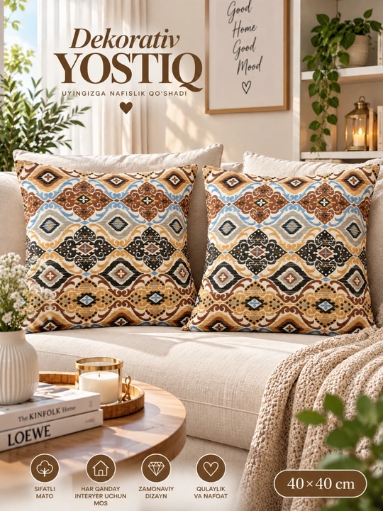 Milliy naqshli dekorativ divan yostig‘i, 40 × 40 sm