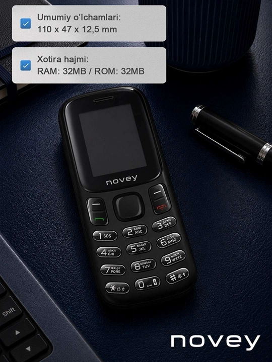 Novey M185 knopkali telefon, mini, radio, kamerasiz, Dual SIM